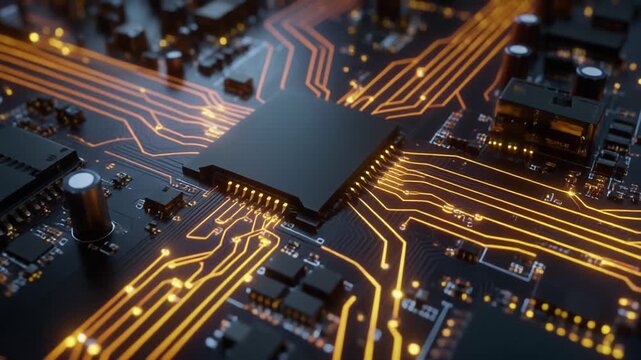 &ldquo;Close-up of glowing circuit board with central chip and orange conductive traces&rdquo;