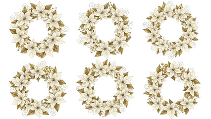 Watercolor Poinsettia Wreath Set in Sepia Gold Christmas Floral Holiday Illustration