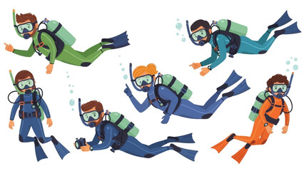 Group of divers in wetsuits swimming underwater with scuba gear