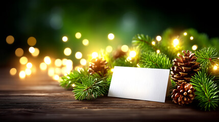 Warm holiday greetings with festive pine sprigs, natural pinecones, and twinkling bokeh lights on rustic wood, perfect for Christmas cards and winter promotions.