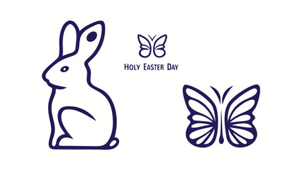 Simple line art easter bunny and butterflies with holy easter day text minimalist design