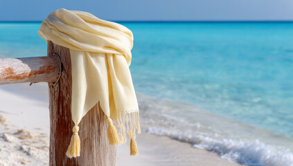 Yellow scarf draped on a rustic wooden fence post with turquoise ocean and white sand beach in background, vacation concept