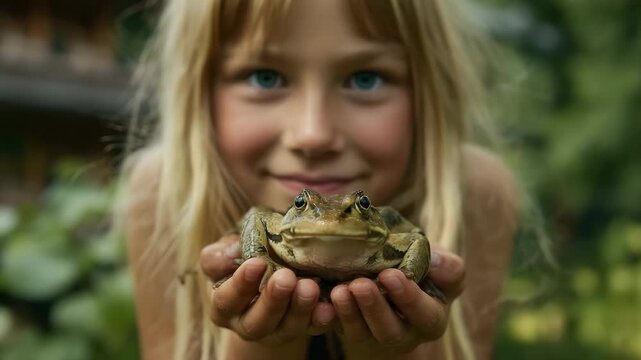 A charming and candid close-up portrait of a young girl smiling and holding a large green frog in her cupped hands