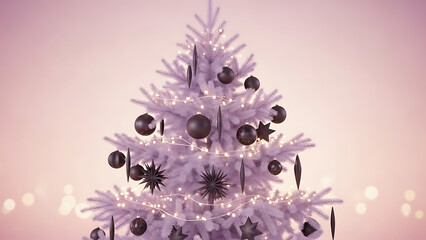 A pale purple christmas tree decorated with dark ornaments and soft lights