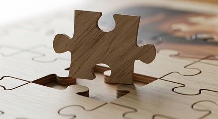 A single wooden puzzle piece stands upright almost fitting into a gap on a larger jigsaw puzzle