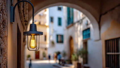 Ornate street lamp illuminating an old town alley with an archway at dusk in a historic european city