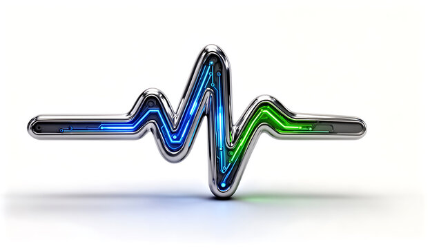 Digital heartbeat wave symbol with glowing blue and green circuit lines