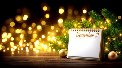 Ring in the New Year with festive holiday lights, a Christmas tree branch, and a calendar marking December 31st for your celebratory projects.