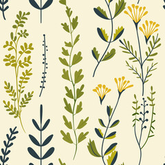 Fototapeta premium Herb pattern on light olive background, seamless design and vector illustration in digital textiles