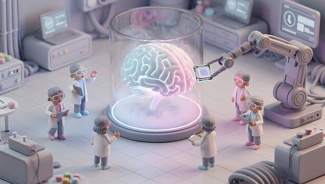 Artificial intelligence brain research and development in a futuristic lab scene - Powered by Adobe