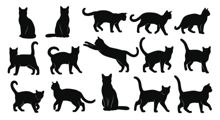 A collection of black cat silhouettes in various dynamic poses