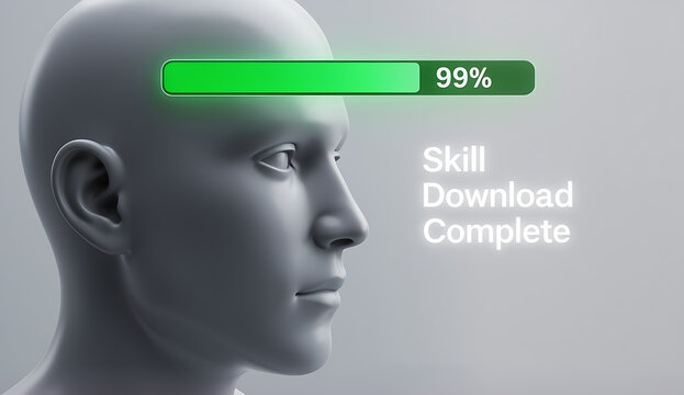 Future learning: humanoid head with skill download progress bar and text