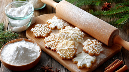 Delightful snowflake cookies dusted with powdered sugar beside a rolling pin, ready for festive holiday baking and winter celebrations