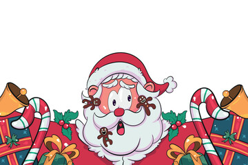Cute expressive Santa surrounded by gifts candy canes bells holly and gingerbread in a bright colorful Christmas style perfect for holiday cards banners merchandise decorations and cheerful designs