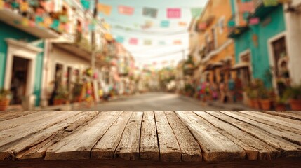 Empty wooden table with defocused decorated Mexican town, mockup scene for Cinco de Mayo holiday. High quality