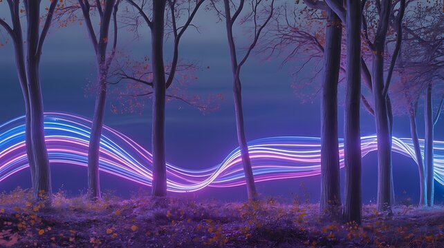 Ethereal light trails weave through dark forest at night