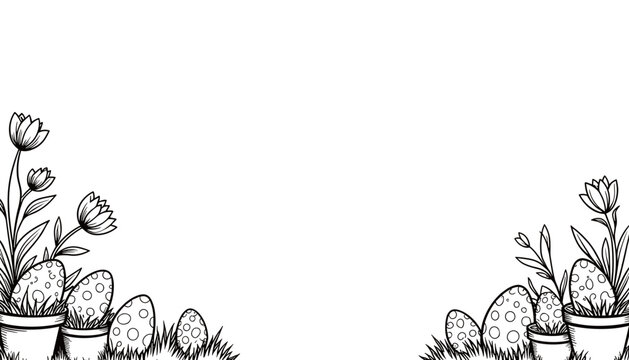 Easter frame with eggs in flower pots, holiday decoration and children's coloring activity