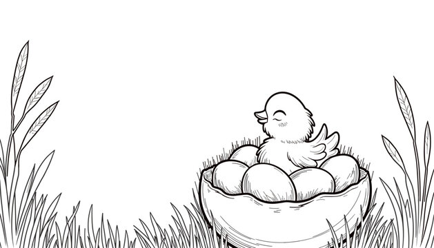 Easter frame with sleepy chick in egg bed, children coloring book and fun activity