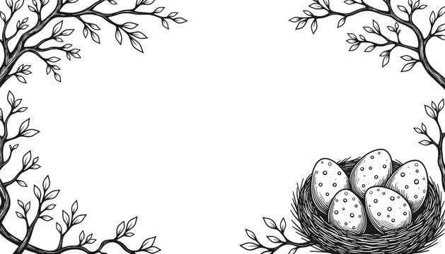 Easter frame with eggs in bird nest under spring branches, holiday greeting copy space - Powered by Adobe