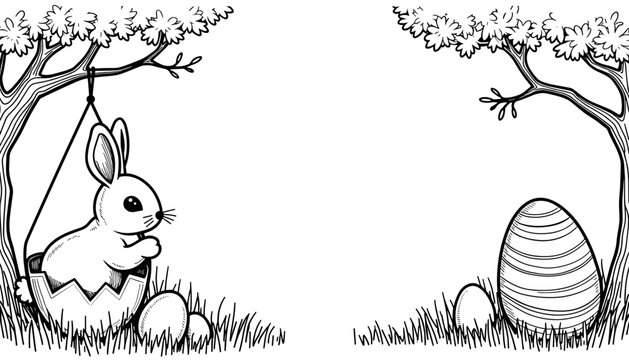 Easter bunny in egg swing with decorated eggs under trees, holiday frame copy space