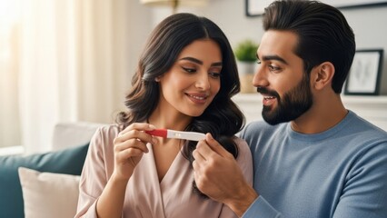 Arabic Woman with man showing a positive pregnancy test. Couple looking at pregnancy test results with hope. Future parent anticipation for motherhood and family.