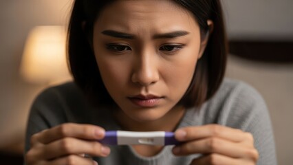 Young asian woman looking at negative pregnancy test results with sad and worried face, reproductive health and family planning concept for young adult.