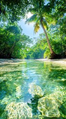 Naklejka premium A crystal clear river flows through a vibrant green jungle, with a palm tree and sunlight creating a bright, natural scene.