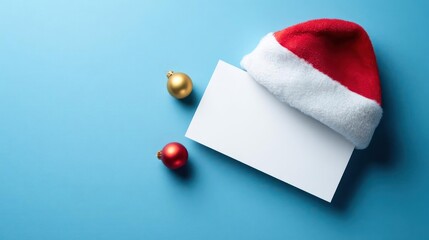 Festive santa claus hat resting on a blank white card with small golden and red christmas ornaments on a blue background