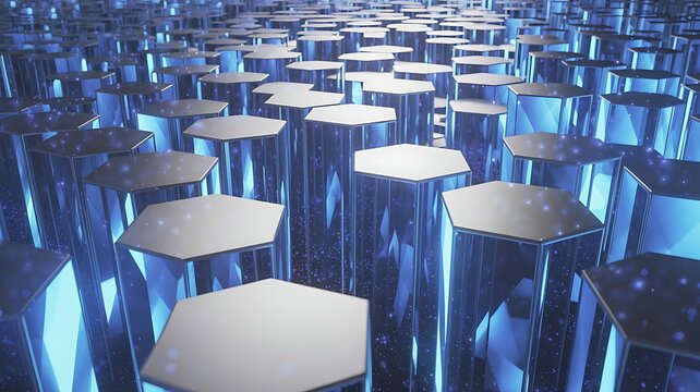 Abstract futuristic hexagonal grid with glowing blue light and metallic surfaces