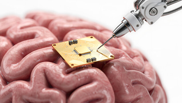 Robotic arm inserting microchip into human brain for advanced ai development