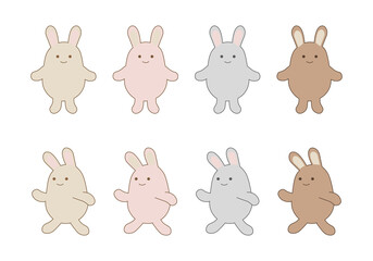 ゆるいシンプルうさぎの グレージュ くすみピンク 他4色セット アイコン （立つ・歩く） 背景透過PNG