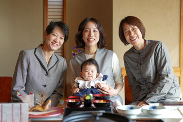A group of women are sitting around a table with a baby in the middle. They are smiling and seem to be enjoying each other's company