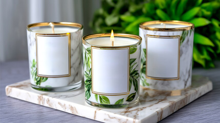 Elegant scented candles with botanical motifs and blank labels, perfect for branding and home decor inspiration.