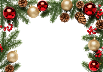 A festive christmas border of fir branches, red and gold baubles, and pine cones on a transparent background with copy space. Elegant festive holiday concept.