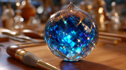 Captivating faceted blue crystal sphere with intricate gold wire details rests on a wooden surface next to an artist's brush, symbolizing creativity and precious artistry.