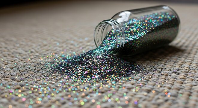 Sparkling iridescent glitter spills from an overturned glass bottle onto a textured surface