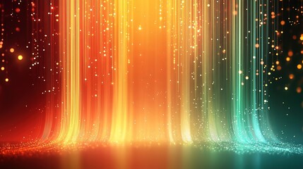 Elegant Abstract Background with Golden Orange Gradient, Glowing Vertical Lines and Sparkling Lights, Symmetrical Minimalist Digital Art