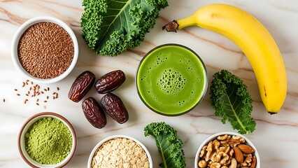 Healthy green smoothie ingredients arranged on a marble surface