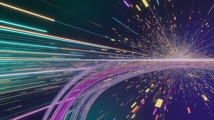 Abstract digital light trails and data streams in a futuristic tunnel