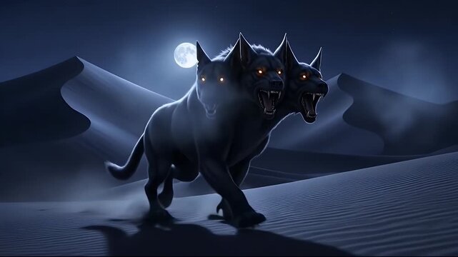 Mythical three headed dog with glowing eyes in a moonlit desert at night