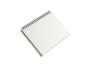 Open blank spiral-bound notepad with white pages and metal coil on a transparent background