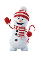 A cute 3d snowman in a red knitted hat and scarf waves while holding a candy cane on a white background with copy space. Joyful winter holiday concept