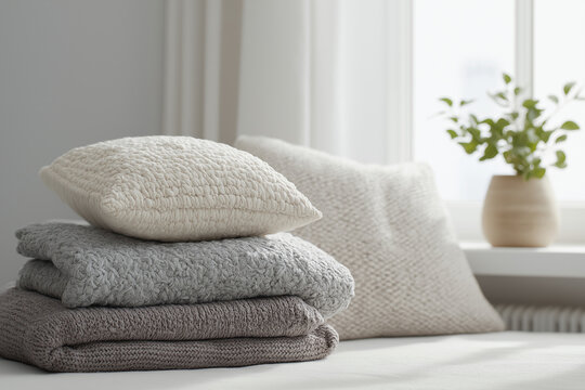 柔らかな編み目が重なる冬のクッションとブランケットの静謐な朝のインテリアシーン