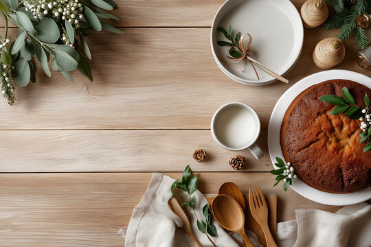木目の優しさに溶け込む、焼きたてケーキとミルクのナチュラルウィンターセッティング
