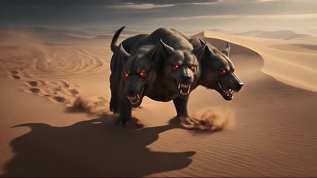 Mythical three headed guard dog running through a vast desert landscape at sunset