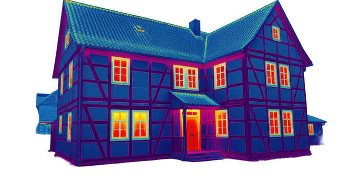 Old half-timbered house at night showing heat loss with a thermographic scan, glowing red and yellow areas on a blue facade, concept of energy inefficiency and diagnostics