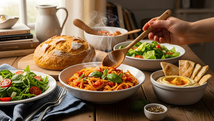 Delicious homemade Italian pasta with tomato sauce, fresh salads, and creamy hummus on a rustic wooden table, perfect for a healthy family meal