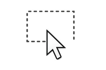 Mouse cursor selecting area. Computer pointer creating dashed marquee selection box on transparent background