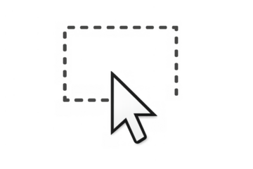 Mouse cursor selecting area. Computer pointer creating dashed marquee selection box on transparent background