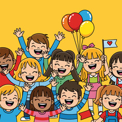 Joyful Group of Diverse Children Waving and Smiling, Celebrating Together with Balloons and Flags. Cartoon illustration.